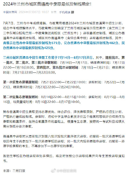 2024年兰州市城区普通高中录取最低控制线确定！