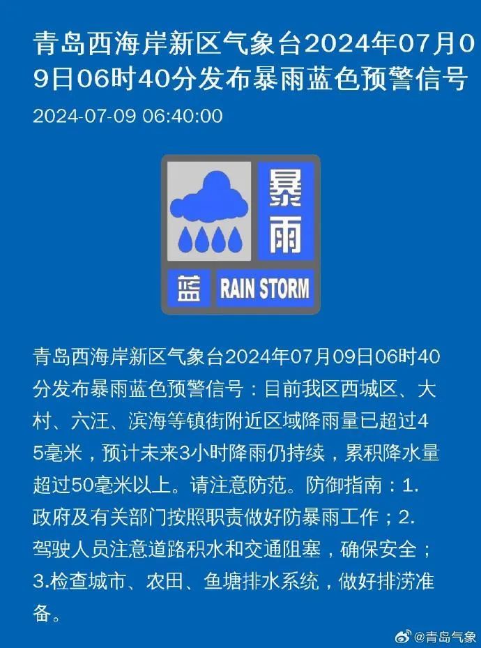 青岛一地发布暴雨蓝色预警!预计未来3小时降雨仍持续 青岛一地发布暴雨蓝色预警!预计未来3小时降雨仍持续