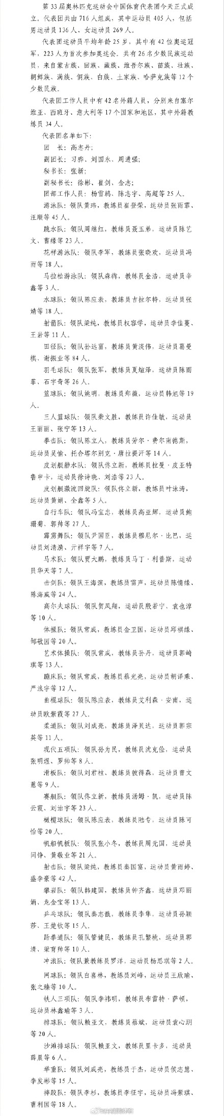 巴黎奥运中国代表团正式成立 巴黎奥运中国代表团正式成立