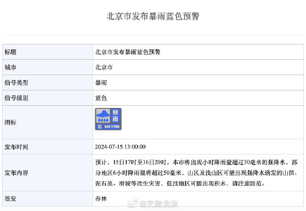 北京暴雨蓝色预警！预计傍晚后有强降雨，主要降雨时段——
