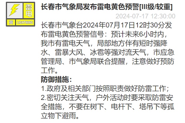 雷电、雷暴大风、冰雹、强降水!长春最新预警→ 雷电、雷暴大风、冰雹、强降水!长春最新预警→