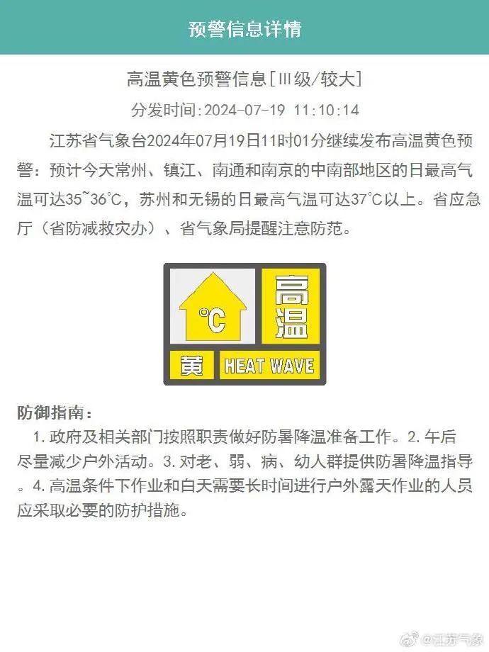 最高37℃以上!江苏发布高温预警 最高37℃以上!江苏发布高温预警
