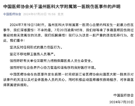 中国医师协会：坚决反对任何形式的暴力伤医行为