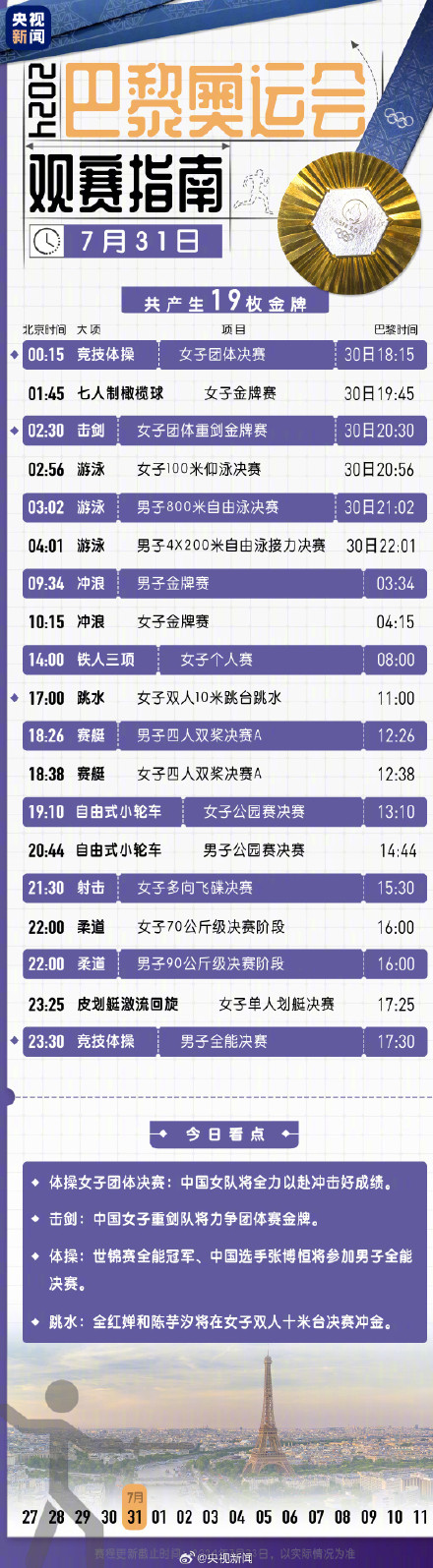 观赛必备！北京时间奥运会观赛日历