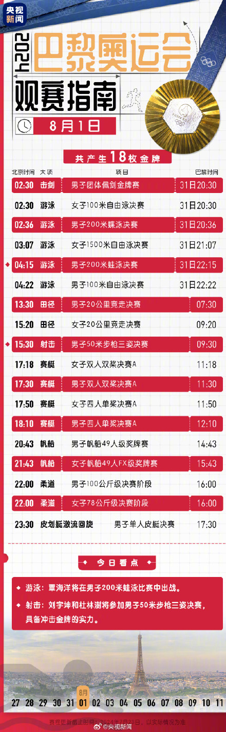 观赛必备！北京时间奥运会观赛日历