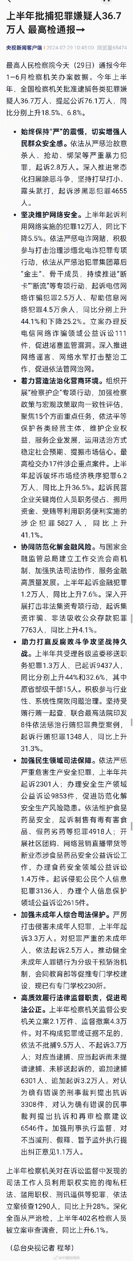 最高检：上半年批捕36.7万犯罪嫌疑人