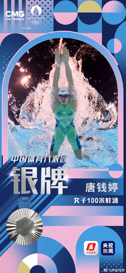 唐钱婷夺巴黎奥运会女子100米蛙泳银牌