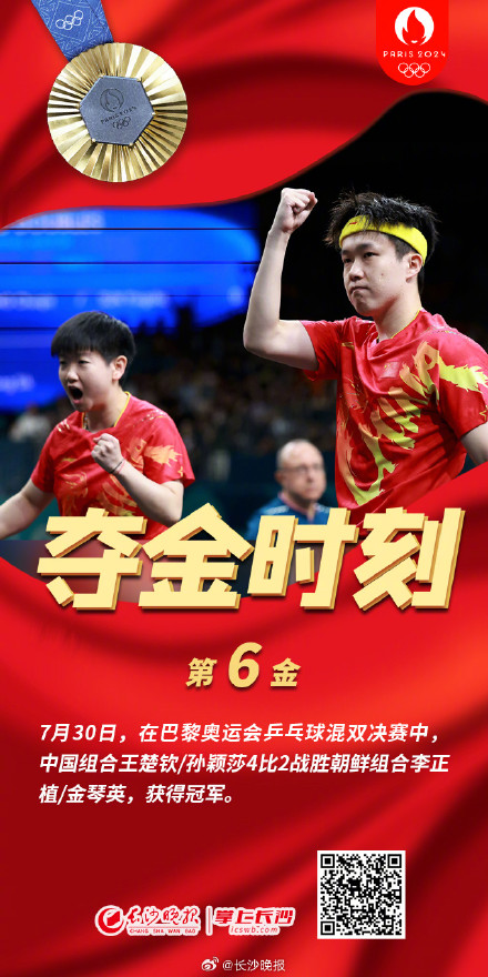 中国队王楚钦/孙颖莎夺得巴黎奥运会乒乓球混双项目金牌
