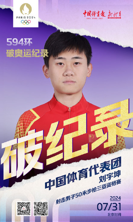 刘宇坤破男子50米步枪三姿奥运会纪录