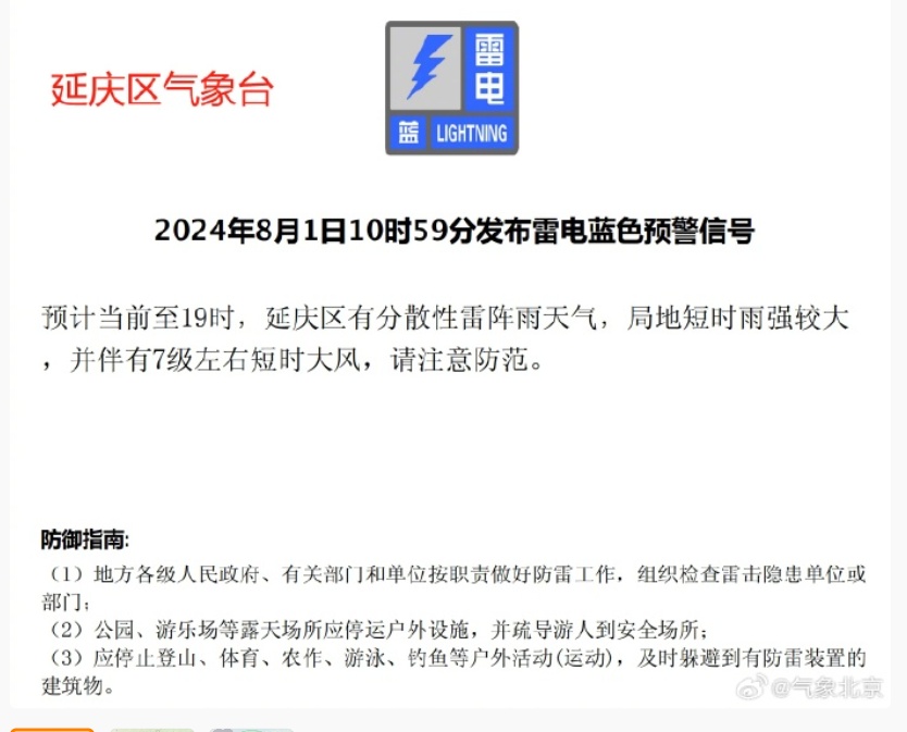 北京：短时雨强较大，伴有大风+冰雹！雷电蓝色预警已发布