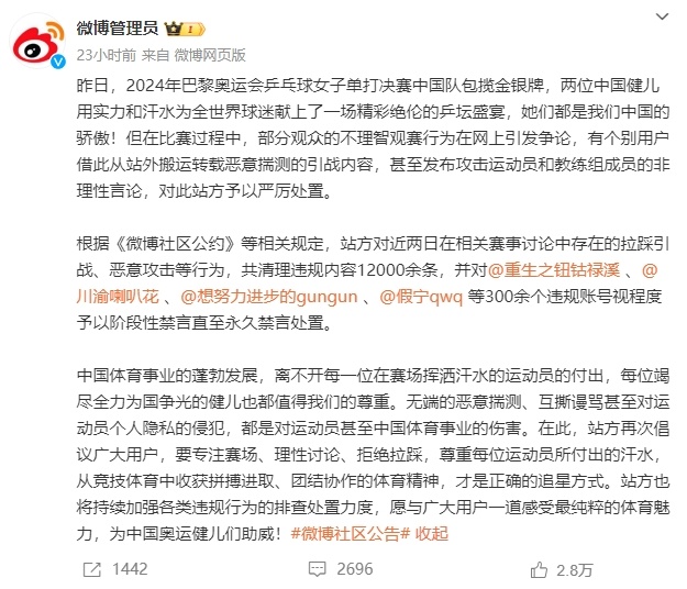恶意攻击奥运冠军，300余个账号被禁言！