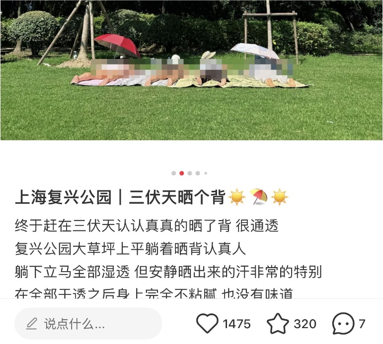 衣着暴露“辣眼睛”?三伏天“晒背族”占领上海各公园!园方成了“三夹板” 衣着暴露“辣眼睛”?三伏天“晒背族”占领上海各公园!园方成了“三夹板”