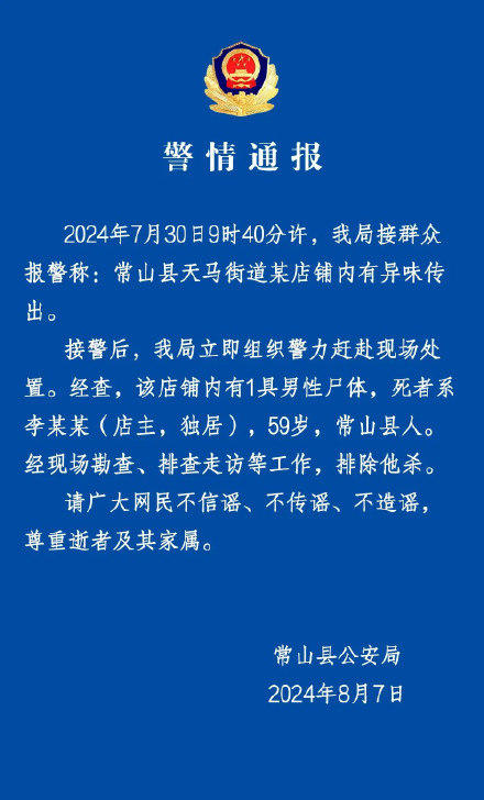 警方通报一商铺发现尸体