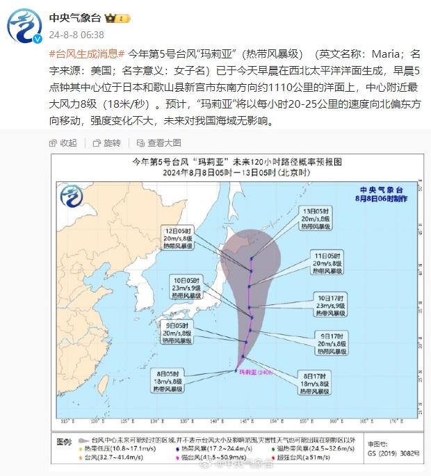 中央气象台:今年第5号台风“玛莉亚”已于今天早晨在西北太平洋洋面生成 中央气象台:今年第5号台风“玛莉亚”已于今天早晨在西北太平洋洋面生成