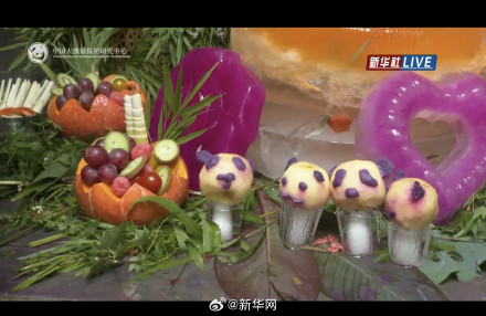 大熊猫过生日吃水果冰蛋糕
