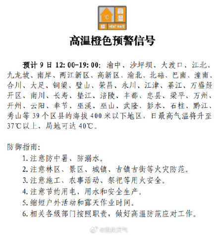 高温橙色预警！重庆多个区县最高气温可达40℃ 今夜雨水来降温