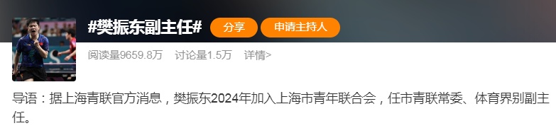 樊振东，任副主任