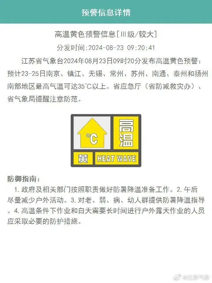 35°C高温持续！江苏发布高温黄色预警
