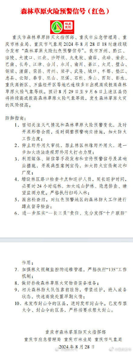 重庆:森林草原火险预警信号(红色) 重庆:森林草原火险预警信号(红色)