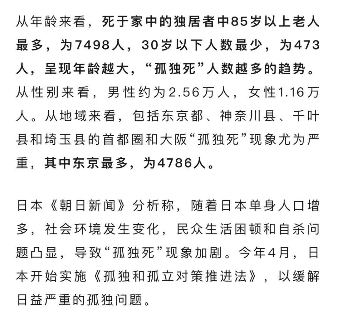 日本上半年超3万人孤独死于家中 日本上半年超3万人孤独死于家中