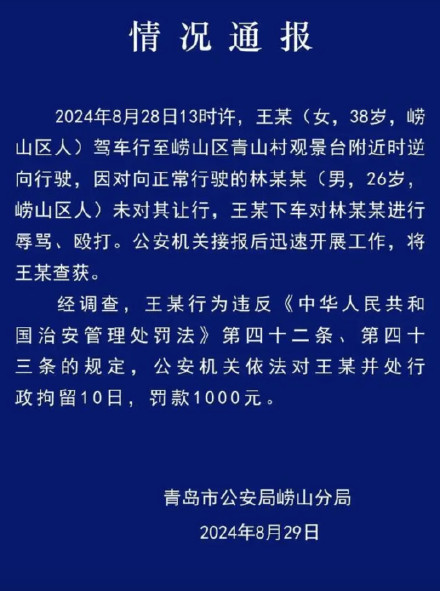 青岛警方通报：车主王某被行政拘留10日，罚款1000元