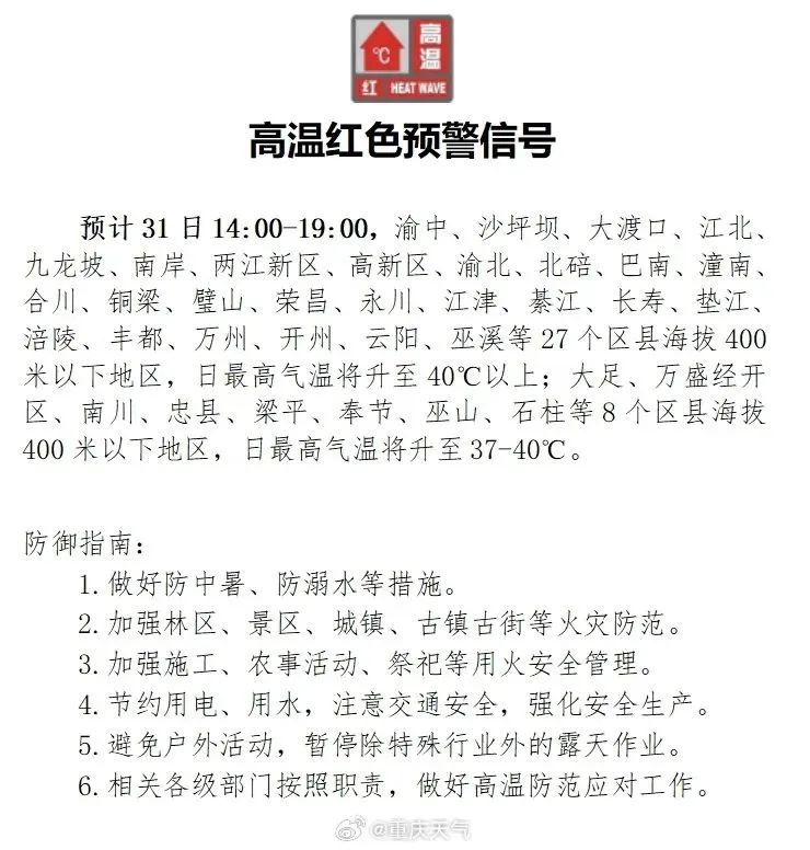 全国高温面积又扩容，多地再冲40℃！重庆9月4次降雨过程，平均24.5℃