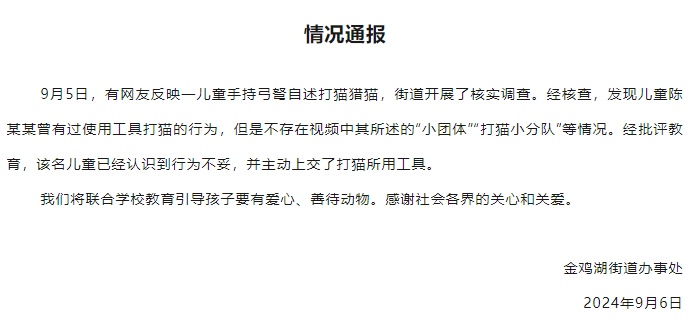 网友反映一儿童手持弓弩自述打猫猎猫，当地街道办通报