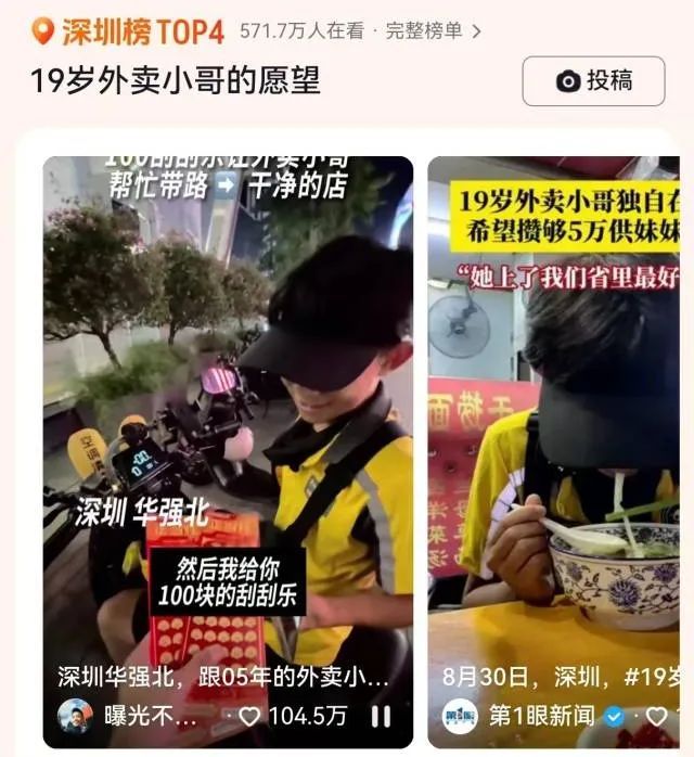 “我妹妹上了个好高中，要用钱！”深圳19岁外卖小哥爆火，获百万点赞！