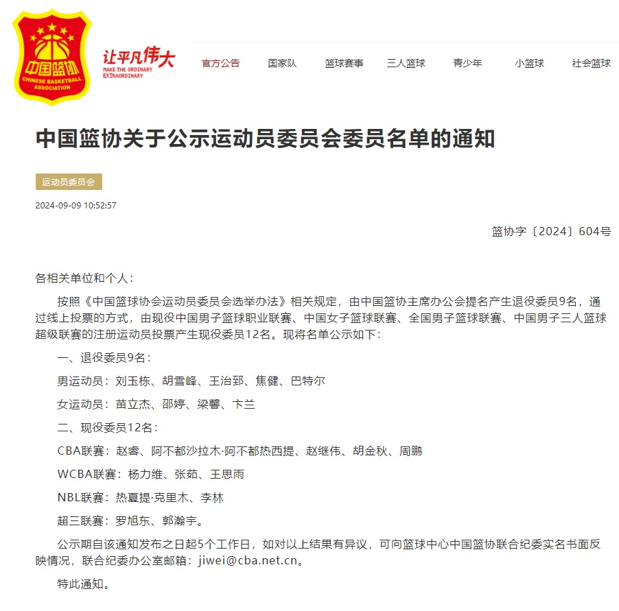 中国篮协公示运动员委员会名单：王治郅等21人入选