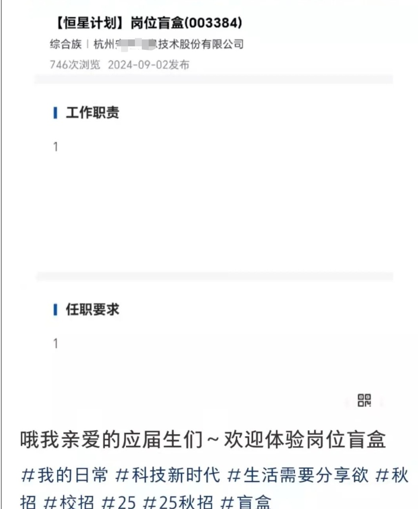 一公司校招设置“盲盒岗位”，此前还设置名为“什么都有的岗位盲盒”
