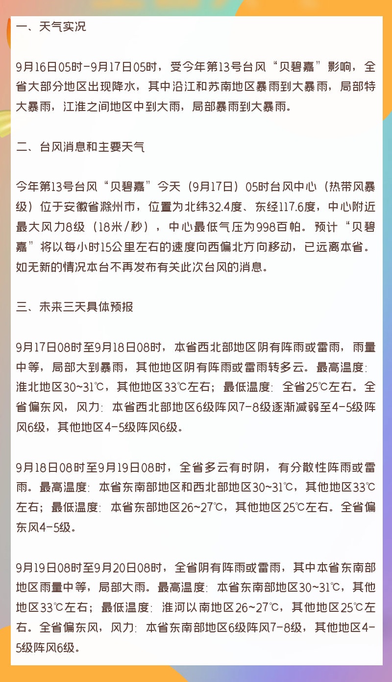 江苏气象发布:台风已过境,仍有大暴雨,最低24℃ 江苏气象发布:台风已过境,仍有大暴雨,最低24℃