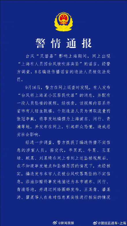 编造传播“上海有人被台风吹落高坠”谣言，8人被依法处罚