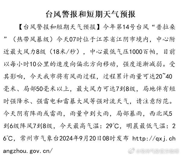 台风“普拉桑”原地拐弯！常州将迎大到暴雨！