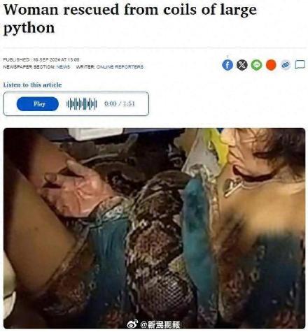 泰媒：泰国妇女在家被4米长蛇缠绕，呼救数小时获救