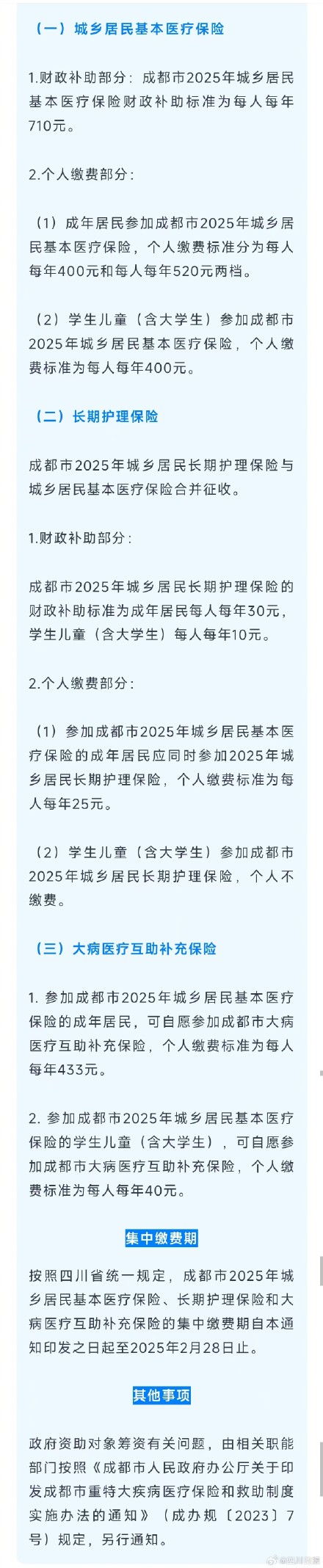 最新!成都2025年城乡居民医保筹资标准出炉 最新!成都2025年城乡居民医保筹资标准出炉