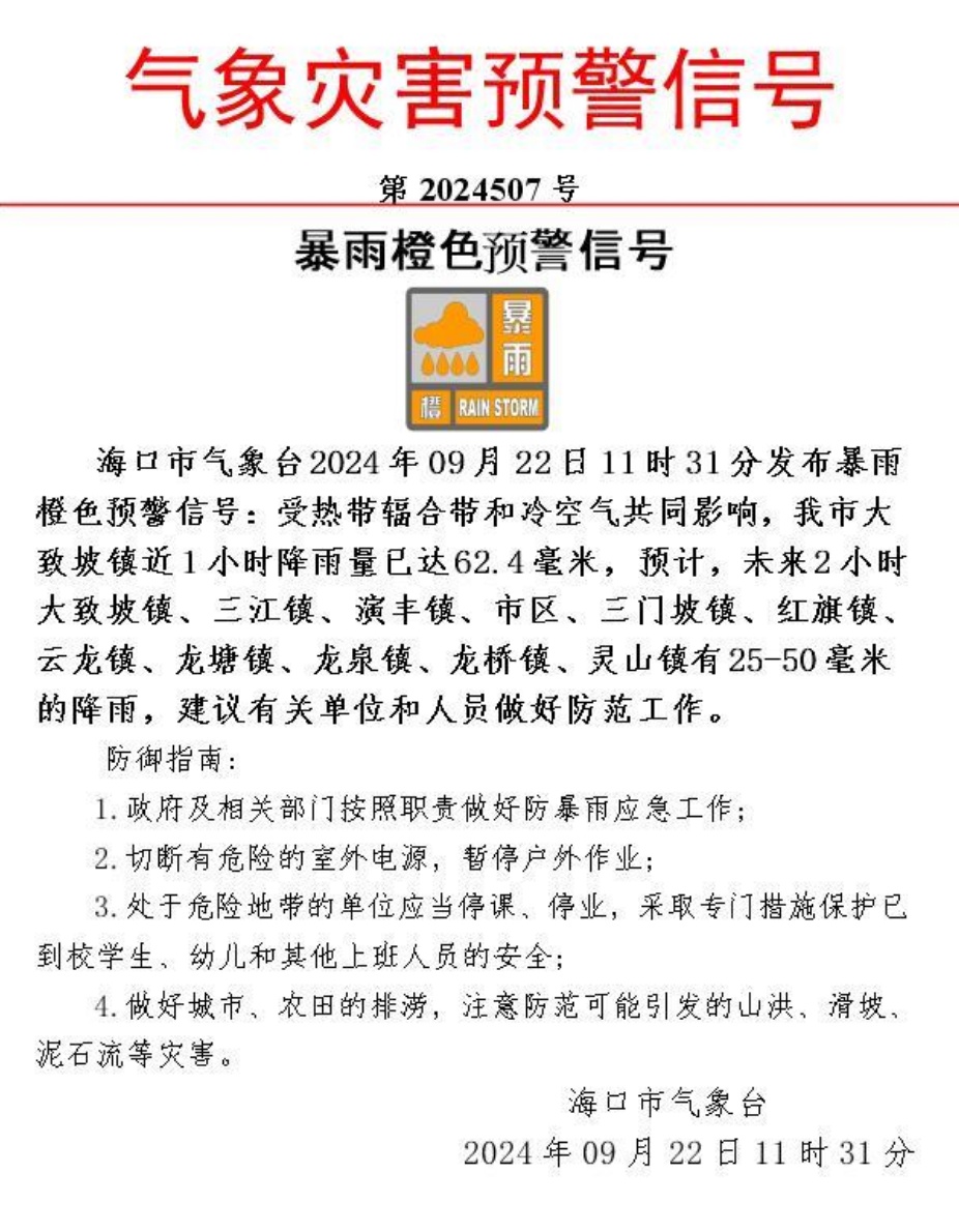海口分区暴雨橙色预警生效！预计22日至24日海南有强降水天气