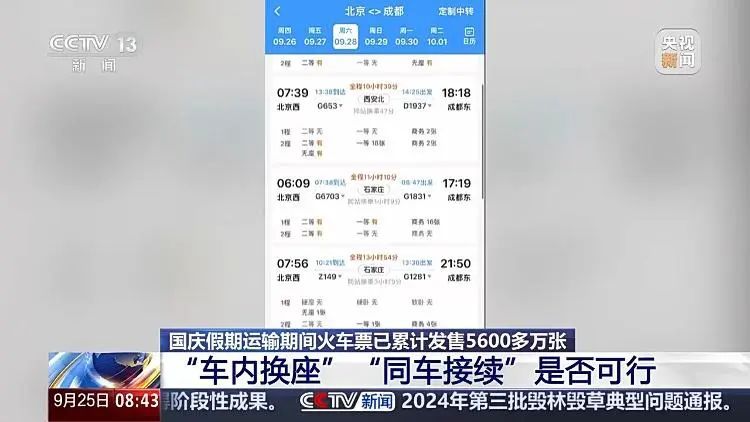 热门线路“开售即候补”！国庆假期火车票怎么买？“车内换座、同车接续”可行吗