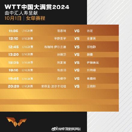 WTT中国大满贯国庆日赛程来了