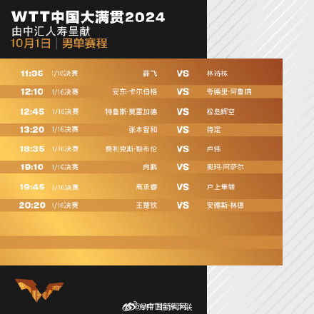 WTT中国大满贯国庆日赛程来了