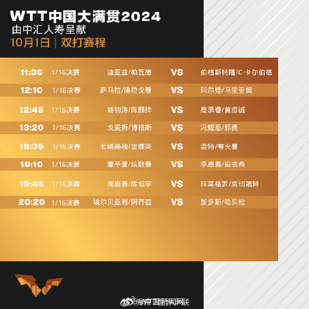 WTT中国大满贯国庆日赛程来了