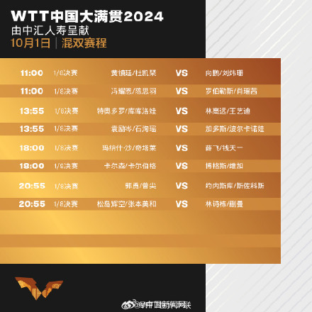 WTT中国大满贯国庆日赛程来了