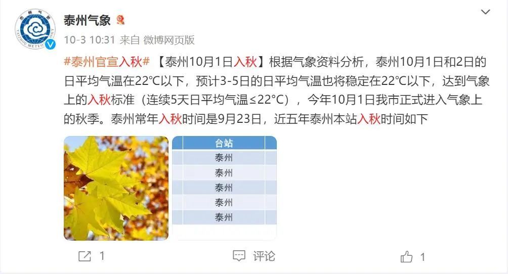 江苏多地官宣入秋