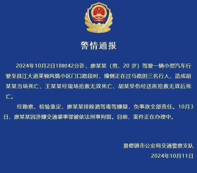 警方通报“一家三口被撞身亡”：司机被刑拘！