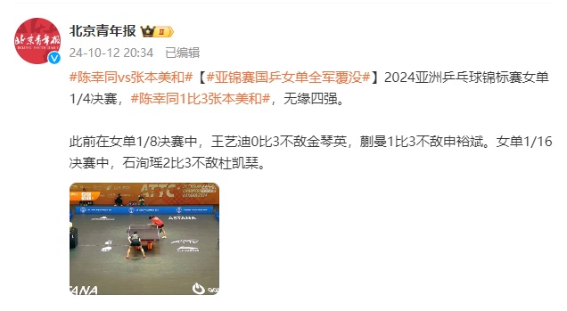 王楚钦无缘亚锦赛男单四强！国乒女单全军覆没