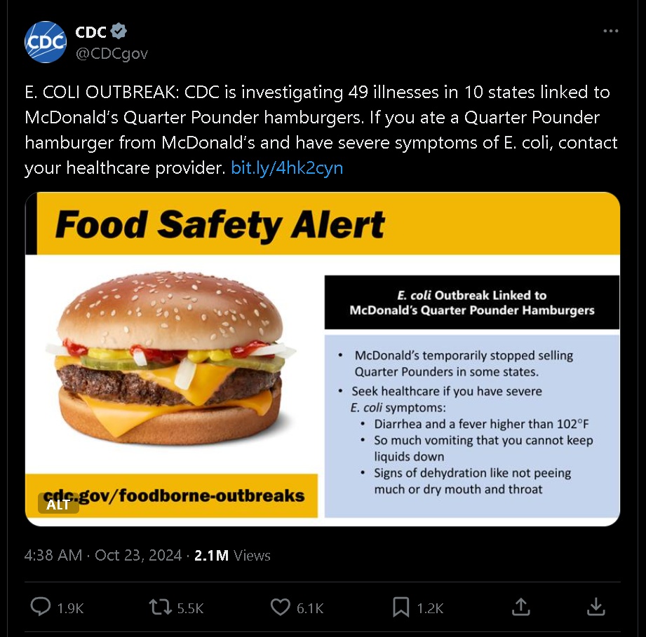 75人感染,1人死亡!美国麦当劳突发 75人感染,1人死亡!美国麦当劳突发