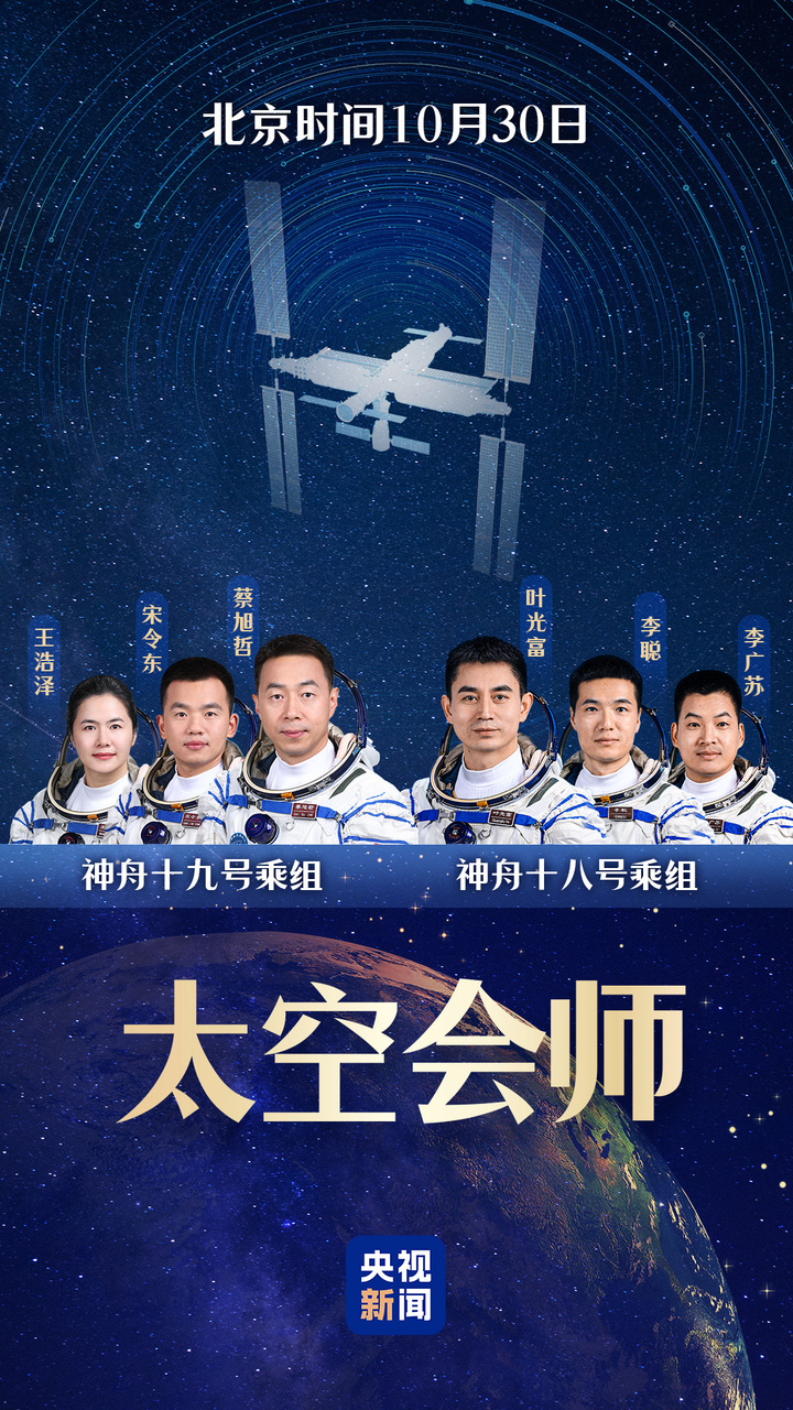第五次“太空会师”!神十九航天员顺利进驻中国空间站 第五次“太空会师”!神十九航天员顺利进驻中国空间站