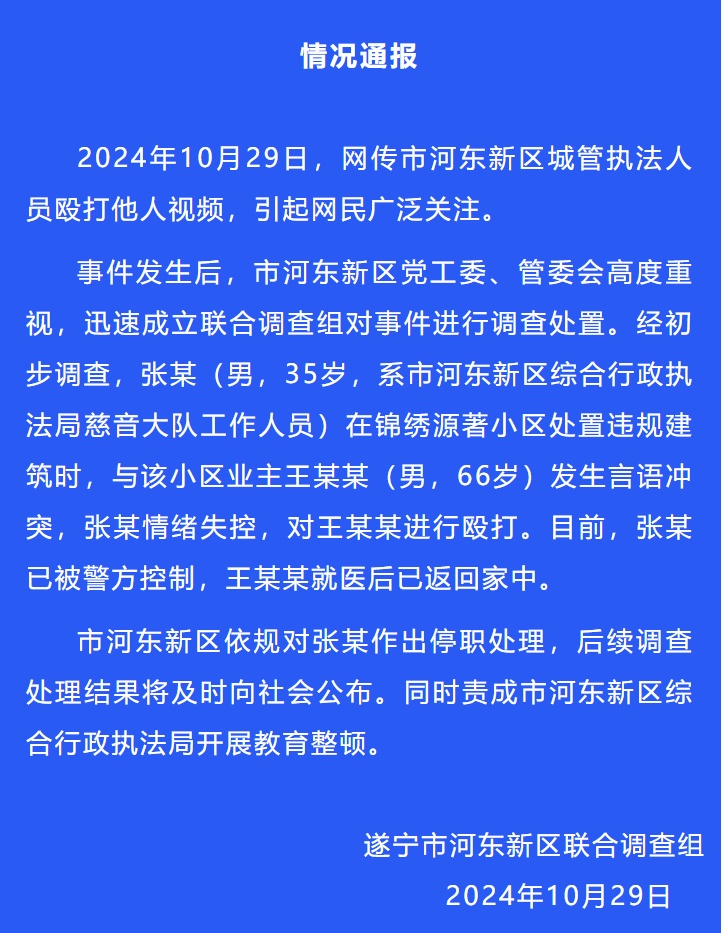 当众殴打老人,执法人员张某(男,35岁)被停职!四川一地通报→ 当众殴打老人,执法人员张某(男,35岁)被停职!四川一地通报→
