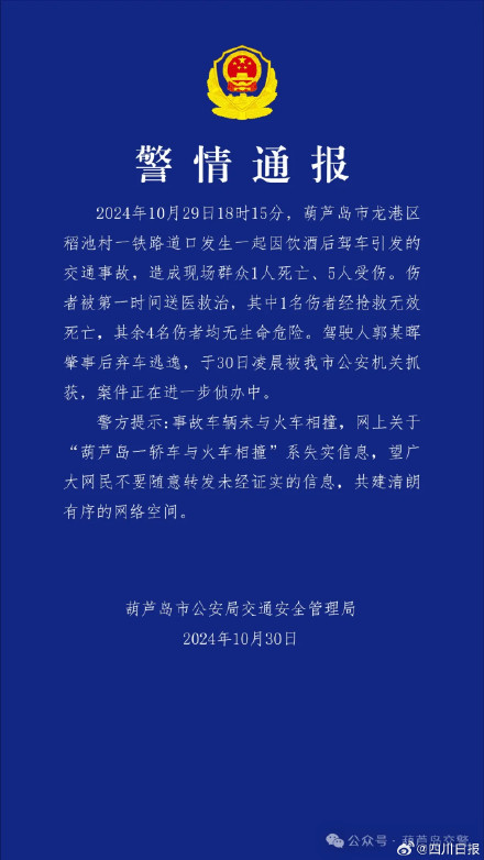 警方通报：辽宁葫芦岛车祸非轿车火车相撞