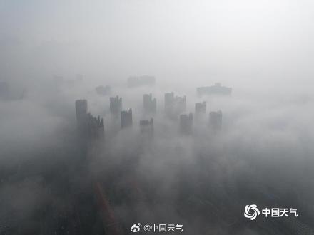 河北廊坊大雾弥漫 高空俯瞰城市如在云端