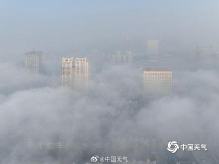 河北廊坊大雾弥漫 高空俯瞰城市如在云端